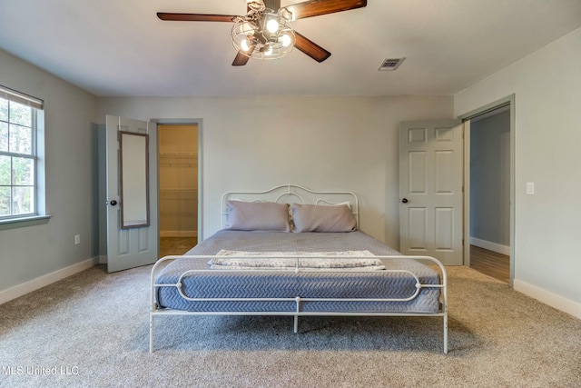 carpeted bedroom featuring ceiling fan, a closet, and a spacious closet