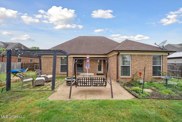 rear view of property with a pergola, a patio, an outdoor living space, brick siding, and a shingled roof