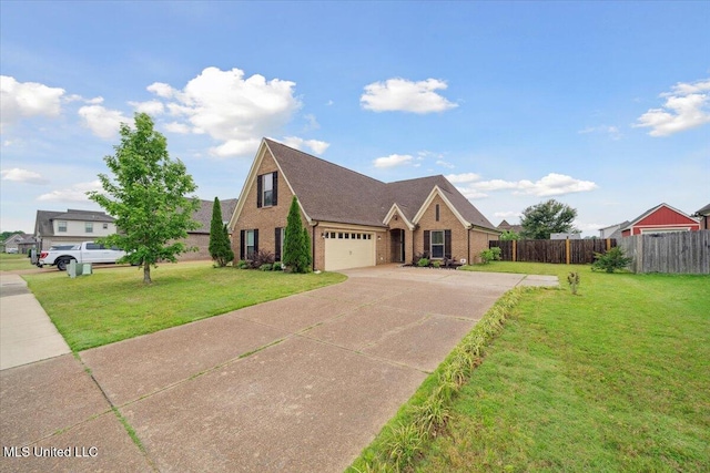 view of front of house with brick siding, concrete driveway, a garage, and roof with shingles