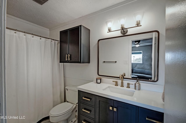 ensuite bathroom featuring vanity, toilet, a textured ceiling, connected bathroom, and ceiling fan