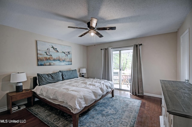 bedroom with dark wood-style flooring, baseboards, access to outside, a textured ceiling, and ceiling fan
