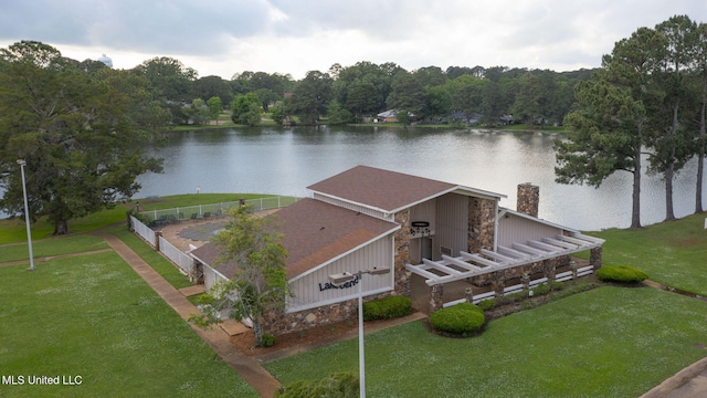 drone / aerial view featuring a water view