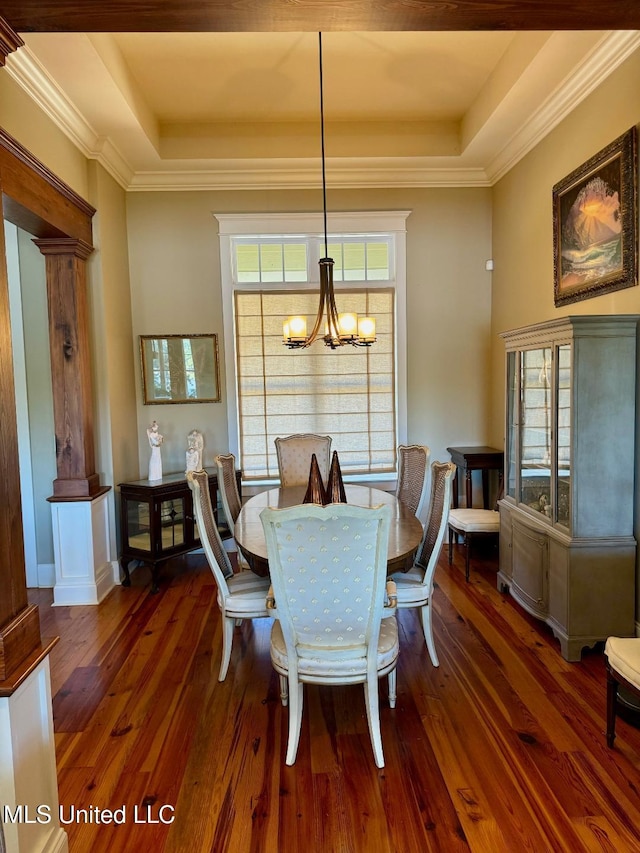 4 Mallard Xing, Raymond, MS 39154 - dining area with a raised ceiling, wood-type flooring, a chandelier, and ornamental molding