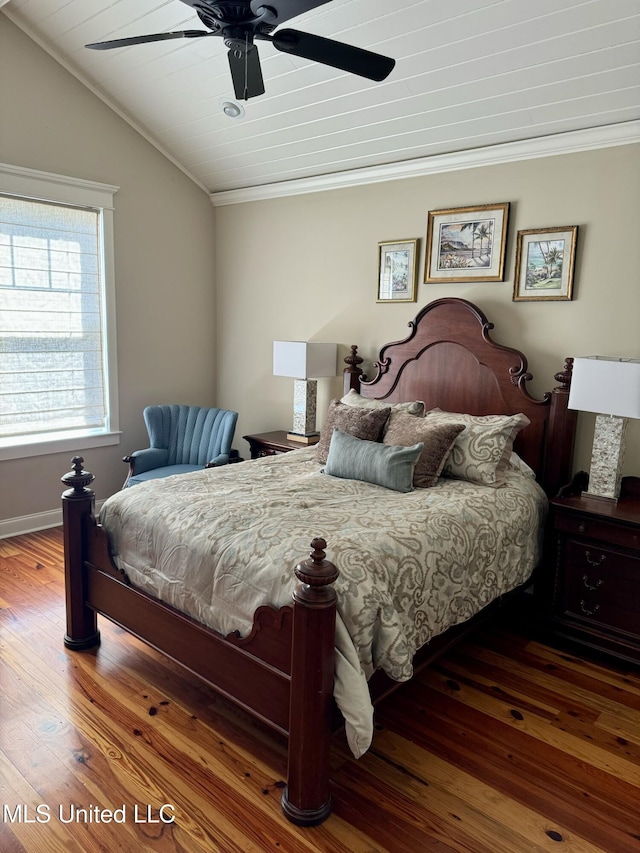 4 Mallard Xing, Raymond, MS 39154 - bedroom featuring hardwood / wood-style floors, ornamental molding, vaulted ceiling, ceiling fan, and baseboards