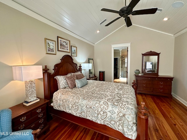 bedroom with ceiling fan, wooden ceiling, lofted ceiling, ornamental molding, and dark hardwood / wood-style floors