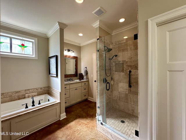 4 Mallard Xing, Raymond, MS 39154 - full bath with vanity, a stall shower, a garden tub, crown molding, and recessed lighting