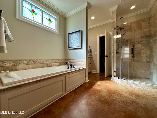 bathroom featuring ornamental molding and shower with separate bathtub