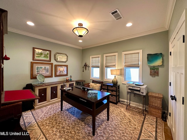 home office featuring ornamental molding