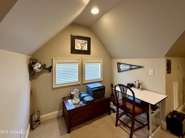 4 Mallard Xing, Raymond, MS 39154 - office with light carpet, lofted ceiling, recessed lighting, and baseboards
