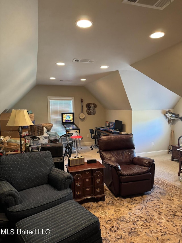 4 Mallard Xing, Raymond, MS 39154 - carpeted living room featuring lofted ceiling, baseboards, and recessed lighting