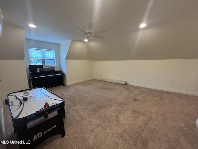 1306 Robert E Lee Dr, Greenwood, MS 38930 - recreation room featuring a ceiling fan, lofted ceiling, carpet floors, and recessed lighting