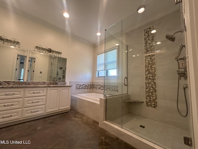 1306 Robert E Lee Dr, Greenwood, MS 38930 - bathroom featuring a bath, crown molding, a shower stall, vanity, and recessed lighting