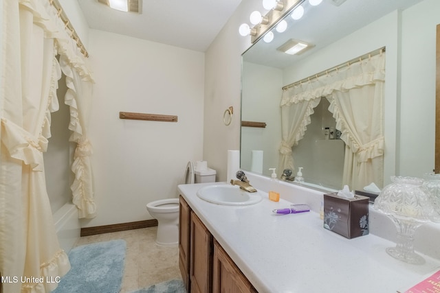 full bathroom featuring toilet, shower / bathtub combination with curtain, tile patterned floors, and vanity