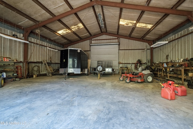 garage with a workshop area