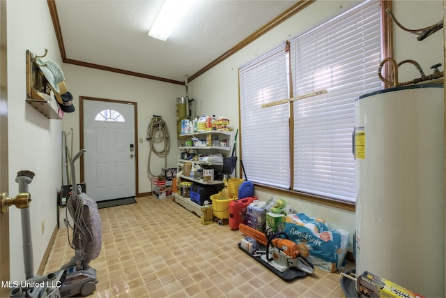 interior space featuring water heater, crown molding, and a textured ceiling