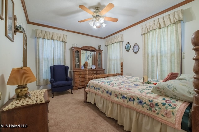 bedroom with ceiling fan, ornamental molding, and light carpet