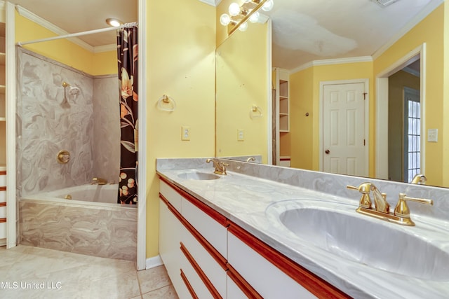 bathroom featuring vanity, crown molding, and shower / bath combo with shower curtain