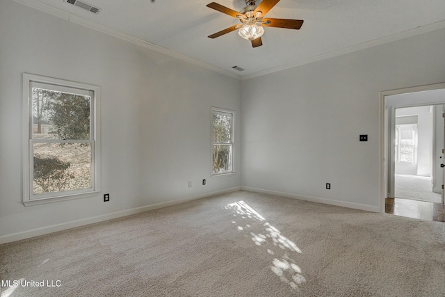 carpeted spare room with ceiling fan, ornamental molding, and a healthy amount of sunlight