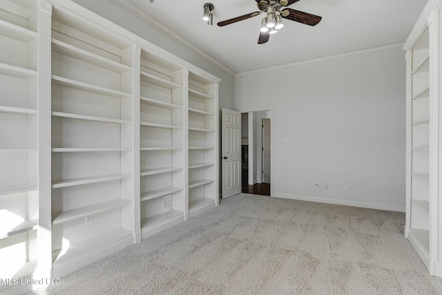 unfurnished bedroom with light carpet, ceiling fan, and crown molding