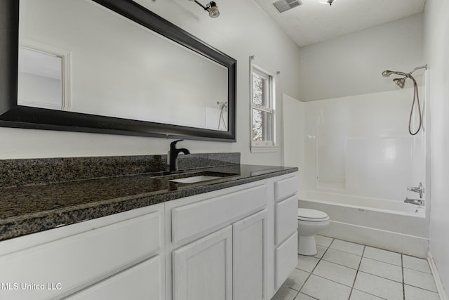 full bathroom with toilet, vanity, bathing tub / shower combination, and tile patterned floors