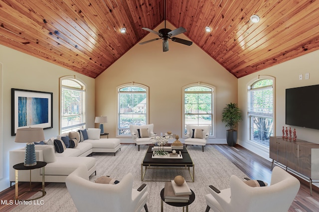 living room featuring wood-type flooring, high vaulted ceiling, and wooden ceiling