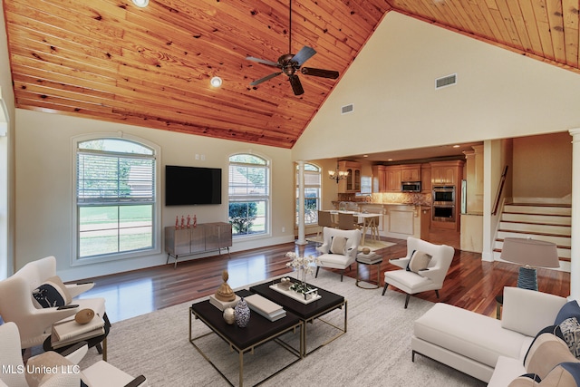 living room featuring high vaulted ceiling, a healthy amount of sunlight, wooden ceiling, and light hardwood / wood-style floors