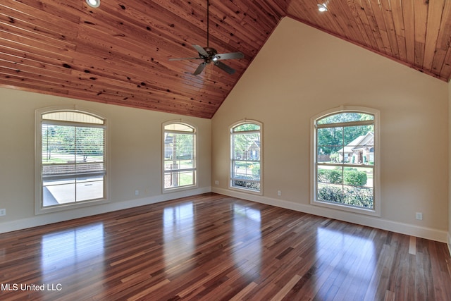 unfurnished room featuring wood ceiling, high vaulted ceiling, dark hardwood / wood-style floors, and ceiling fan