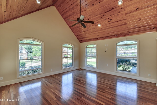 spare room with ceiling fan, wood ceiling, high vaulted ceiling, and hardwood / wood-style floors