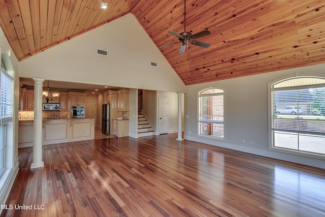 unfurnished living room with wood ceiling, hardwood / wood-style flooring, high vaulted ceiling, and plenty of natural light