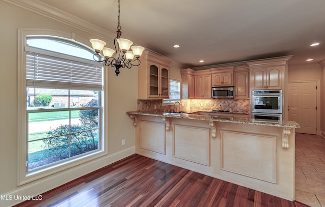 kitchen with hanging light fixtures, stainless steel appliances, dark wood-type flooring, and light stone counters