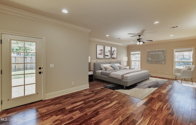 bedroom featuring multiple windows, access to exterior, dark wood-type flooring, and ceiling fan