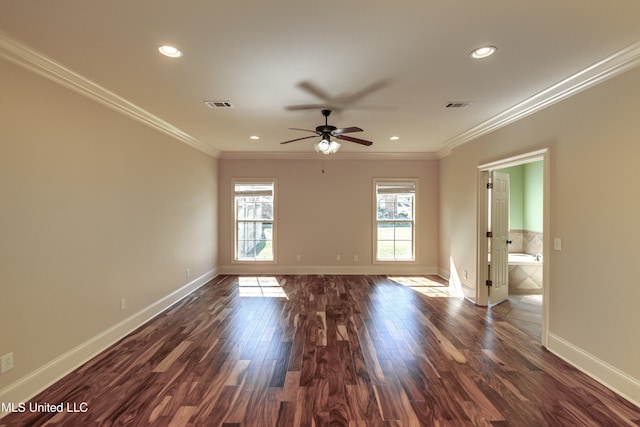 unfurnished room featuring ornamental molding, ceiling fan, and dark hardwood / wood-style flooring