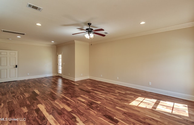 empty room featuring crown molding, ceiling fan, and dark hardwood / wood-style flooring