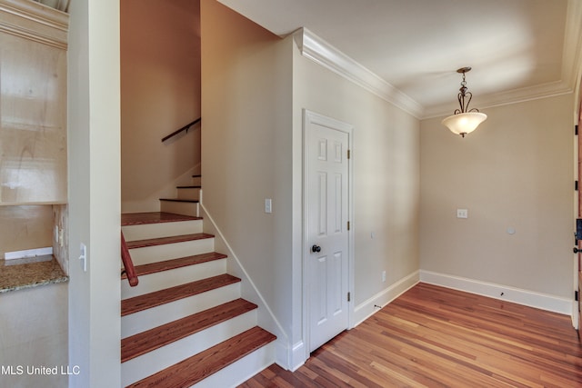 stairway with hardwood / wood-style flooring and ornamental molding