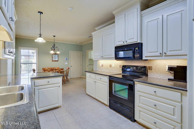 kitchen featuring black appliances, backsplash, white cabinetry, and crown molding