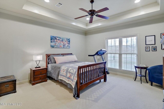 bedroom featuring visible vents, a raised ceiling, carpet, crown molding, and recessed lighting