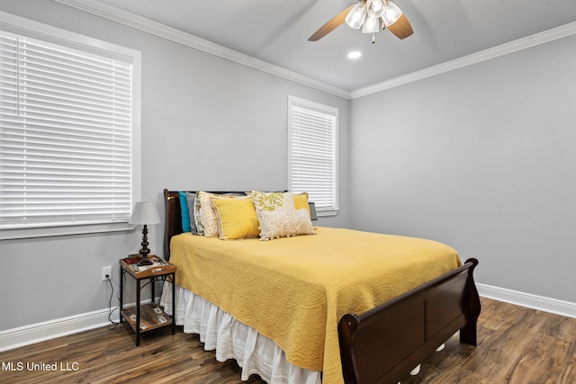 bedroom featuring baseboards, ornamental molding, ceiling fan, and dark wood-type flooring