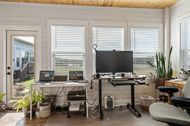 home office with plenty of natural light, wood finished floors, wooden ceiling, and wooden walls