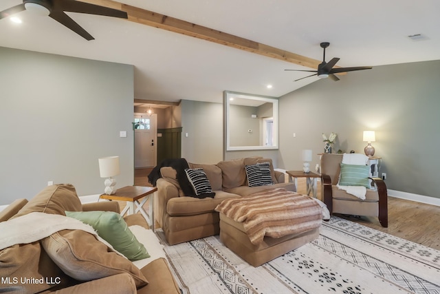 living area with ceiling fan, light wood-style flooring, baseboards, and recessed lighting