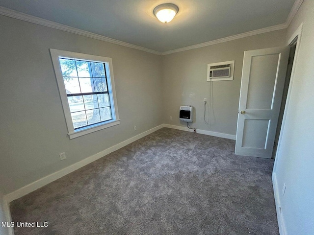 interior space featuring ornamental molding, a wall mounted AC, dark carpet, and heating unit