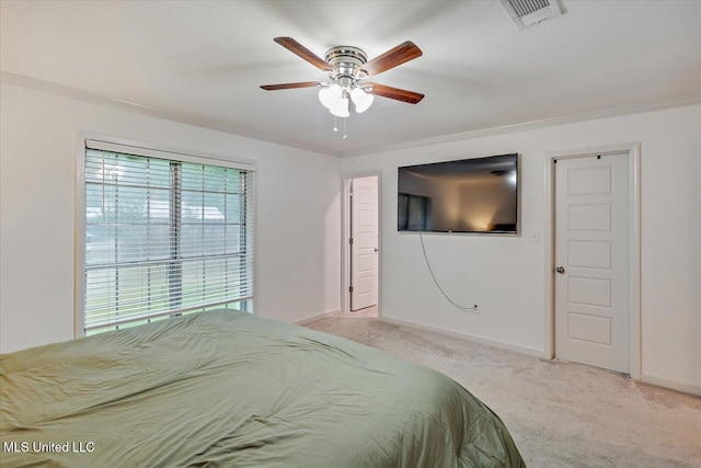 102 Holly Trl, Brandon, MS 39047 - bedroom with light colored carpet, crown molding, ceiling fan, and baseboards