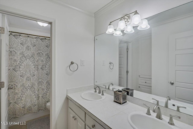 102 Holly Trl, Brandon, MS 39047 - bathroom featuring double vanity, toilet, a chandelier, shower / bathtub combination with curtain, and ornamental molding