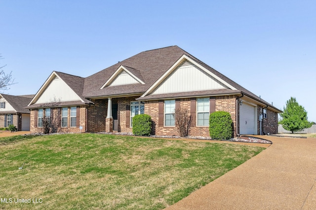 7637 Wisteria Dr, Olive Branch, MS 38654 - craftsman house with roof with shingles, driveway, a front yard, brick siding, and a garage