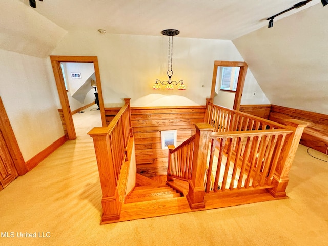 stairs with vaulted ceiling and rail lighting