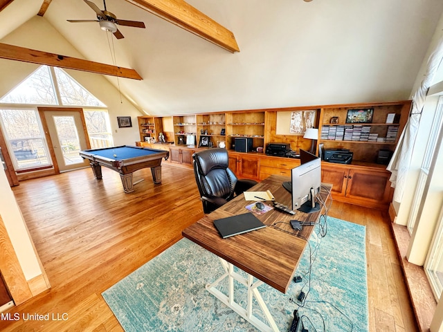 interior space with high vaulted ceiling, beamed ceiling, pool table, ceiling fan, and light wood-type flooring