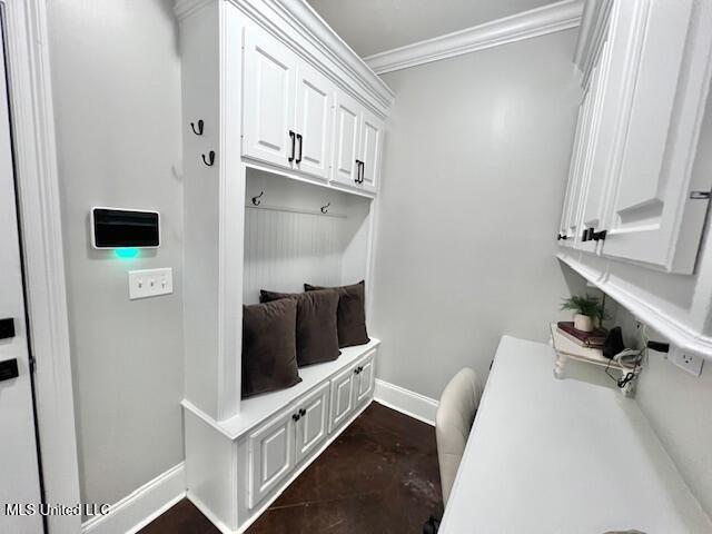 mudroom featuring ornamental molding