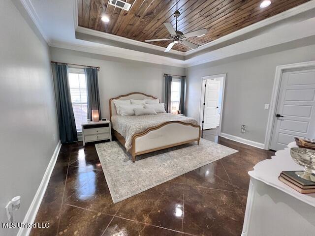 bedroom featuring multiple windows, ceiling fan, a raised ceiling, crown molding, and wooden ceiling