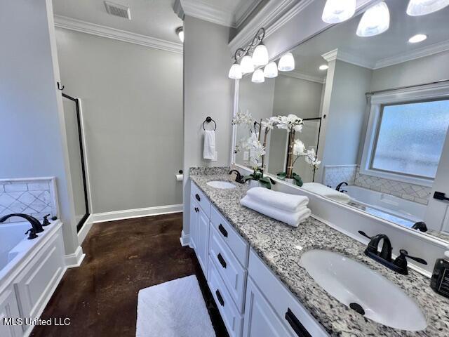 bathroom featuring vanity, crown molding, and plus walk in shower