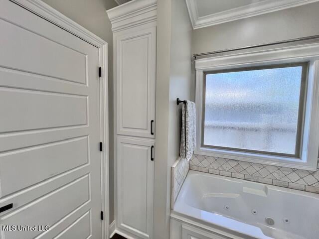 bathroom featuring crown molding, a healthy amount of sunlight, and a bath