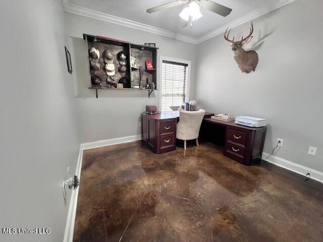 home office with crown molding and ceiling fan